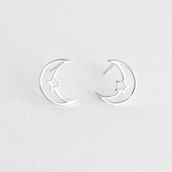 Jewelry - 14K White Gold Sterling Silver Celestial Moon Star Outline Earrings